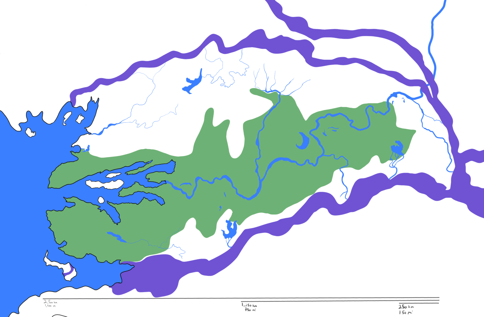 A map of Optera. The central river valley is colored in green.